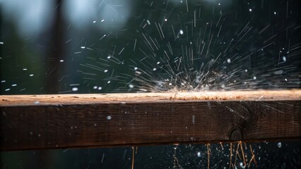 Aufkleber - A medium closeup captures the moment of impact with splinters flying off the wooden beam creating a dynamic contrast to the steady downpour around.