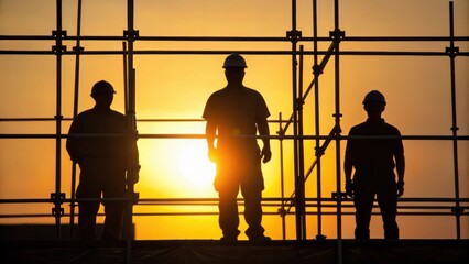 Aufkleber - A medium closeup capturing workers silhouetted against the bright light of sunset their defined shadows stretching across scaffolding emphasizing the laborious effort in the