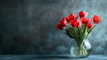 Sticker - A minimalistic arrangement of fresh red tulips in a clear glass vase against a textured blue background