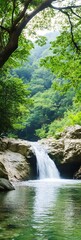 Poster - Majestic Forest Waterfall Cascading into Rocky Pool Surrounded by Lush Greenery : Generative AI