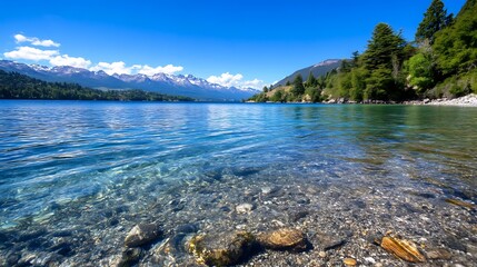 Poster - Crystal Clear Mountain Lake with Scenic Alpine Forest View : Generative AI