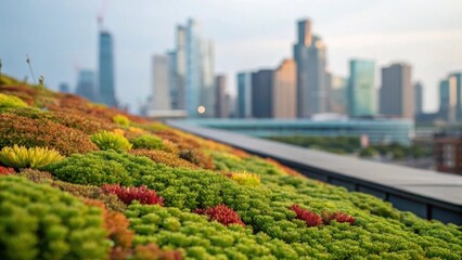 Poster - A medium closeup featuring multicolored sedums thriving on a sloped green roof with the city skyline blurred in the background demonstrating the harmony between nature and urban