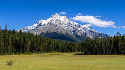 Aufkleber - Majestic Snow-Covered Mountain Range Surrounded by Dense Lush Forest on a Clear Day : Generative AI