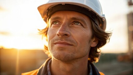 Poster - A medium closeup focused on the workers facial expression a mix of pride and reflection with the sun casting a warm glow illuminating their features and creating depth.