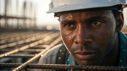 Poster - A medium closeup focusing on a construction workers face sweat glistening on their forehead as they concentrate on aligning the rebar in position for the upcoming concrete pour.