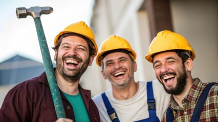 Poster - A medium closeup framing the trio of workers in the foreground with a playful expression on ones face as he holds up an oversized tool making the others burst into laughter and