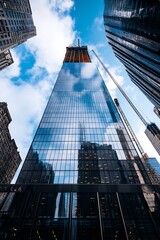 Poster - Modern Skyscraper Reflecting Blue Sky and Clouds in Urban Setting : Generative AI