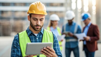Aufkleber - A medium closeup image of a construction worker using a tablet to input data with a diverse group of colleagues discussing plans in the background highlighting the integration of