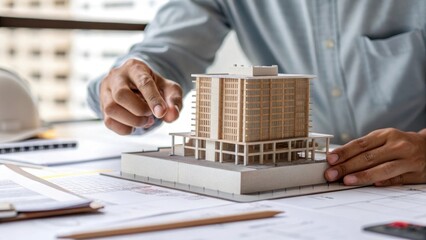 Poster - A medium closeup image of an architect reviewing a 3D model of a building with their hands gesturing toward specific areas. The focus emphasizes the intricate details of the model