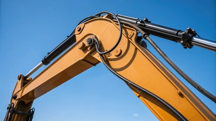 Poster - A medium closeup image of an excavators boom arm highlighted against a clear blue sky with intricate hydraulic lines and joints emphasizing its mobility and strength.