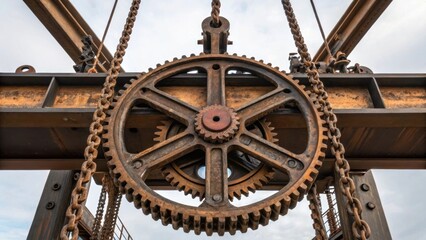 Poster - A medium closeup of a 19thcentury steampowered crane lifting large beams highlighting the rusted gears and chains as well as the workers engaged in coordinating the lift reflecting