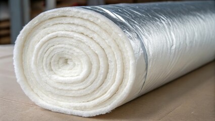 Poster - A medium closeup of a batts insulation roll displaying its layered structure and soft fibrous surface with the faint sheen of a vapor barrier on one side reflecting its moisture