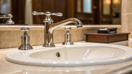 Poster - A medium closeup of a bathroom sink with a stylish faucet and highend fixtures capturing the elegance of refreshed interiors and the seamless blend of functionality and aesthetics.
