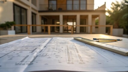 Aufkleber - A medium closeup of a blueprint spread out on a table the intricate lines and notes illuminated by natural light symbolizing the planning and vision behind the building project.