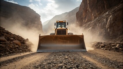 Poster - A medium closeup of a bulldozers blade slicing through rocky ground dirt and gravel flying into the air framed by the steep cliffs of a mountainside.