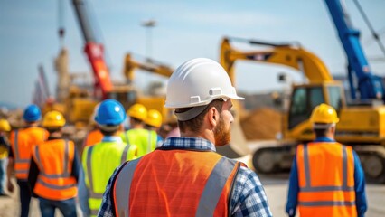 Poster - A medium closeup of a bustling construction site featuring workers coordinating with heavy machinery showcasing teamwork and the dynamic environment of job creation.
