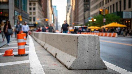 Poster - A medium closeup of a concrete barrier being erected with passing pedestrians and city life in sharp contrast emphasizing the temporary disruption caused by ongoing development.