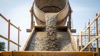 Aufkleber - A medium closeup of a concrete mixer pouring a rich blend into formwork with splashes of cement contrasting against the blue sky showcasing the raw materials that build the