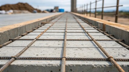 Poster - A medium closeup of a concrete pier being formed the texture of the curing concrete contrasting with rebar reinforcements illustrating the fusion of materials that create enduring