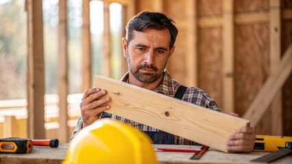 Aufkleber - A medium closeup of a construction site foreman examining a piece of lumber holding it up to light revealing the intricate details of the wood grain and potential imperfections.