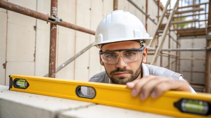 Aufkleber - A medium closeup of a construction worker wearing safety goggles and a hard hat focused on adjusting a level against a newly erected wall emphasizing attention to detail in the
