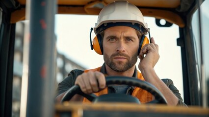 Poster - A medium closeup of a construction worker using earplugs while operating machinery with an intense focus on their face conveying the importance of hearing protection in a loud