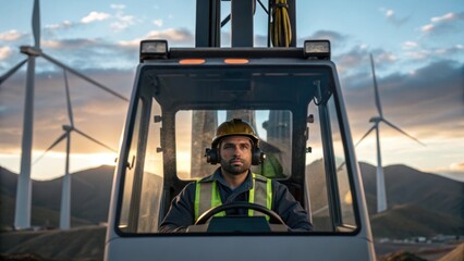Aufkleber - A medium closeup of a crane operator in a cab intensely concentrating on lifting a turbine blade into position the skyline dotted with hills and wind farm silhouettes behind them.