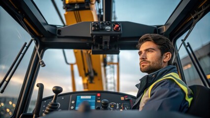 Aufkleber - A medium closeup of a crane operators focused expression as they maneuver equipment capturing the precision and technological advancement in modern construction practices.