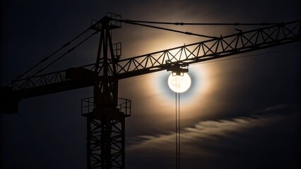 Aufkleber - A medium closeup of a crane silhouetted against the night sky its lights flickering with the bright moon peeking through the skeletal structure creating a dramatic interplay of