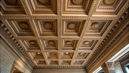 Fototapete - A medium closeup of a decorative ceiling featuring coffered panels where deep recesses create a rhythmic pattern. The interplay of light and shadow within the panels adds depth and