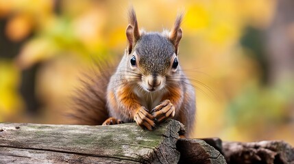 Poster - Adorable Red Squirrel on Tree Branch with Blurred Autumn Leaves Background : Generative AI