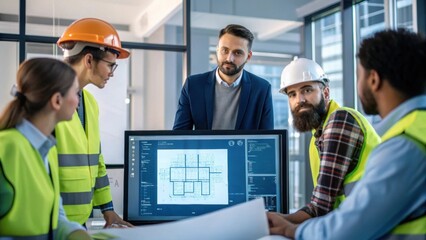 Aufkleber - A medium closeup of a dynamic team meeting with engineers and project managers gathered around a digital display brainstorming ideas for an innovative construction project