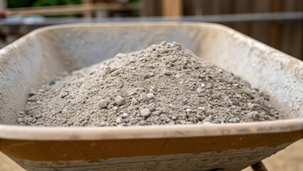 Poster - A medium closeup of a freshly mixed concrete batch in a wheelbarrow showcasing the aggregate materials within with vivid details of gravel sand and tiny air bubbles emerging from