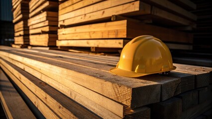 Aufkleber - A medium closeup of a hard hat perched on a stack of lumber the deep shadows emphasizing the woods grain as the light fades into a warm golden hour glow contrasting the cool