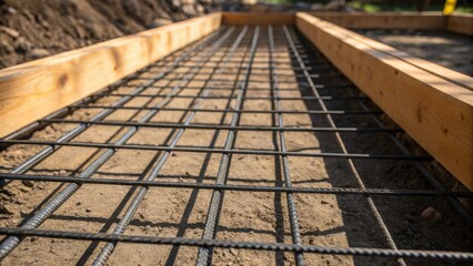 Poster - A medium closeup of a mesh of rebar laid on wooden forms showing the intricate pattern of steel bars and the shadows they cast on the surrounding soil.