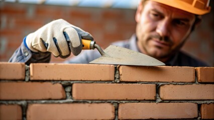 Poster - A medium closeup of a masons trowel spreading mortar between bricks under the watchful eye of the worker capturing the strength and precision inherent in building structures.