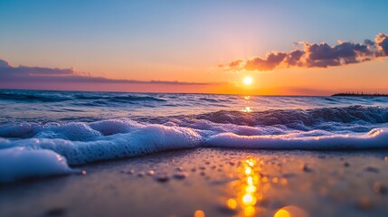 Aufkleber - Breathtaking Ocean Sunset with Vibrant Colors and Frothy Waves on Shoreline : Generative AI