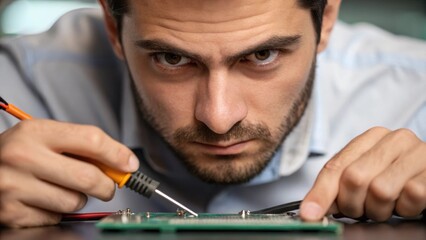 Poster - A medium closeup of an electricians expression brows furrowed in concentration as they delicately solder a thin wire onto a tiny circuit board component.