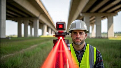 Poster - A medium closeup of an engineer inspecting the alignment of bridge supports with a laser level the precision tool casting a red beam across a grassy clearing.