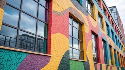 Poster - A medium closeup of an exterior wall featuring unexpected colors and patterns alongside oversized irregular windows illustrating the freedom and creativity embraced in postmodern