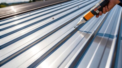 Aufkleber - A medium closeup of an installer applying a sealant along the seams of metal roofing sheets with a focus on the shiny metal surface and the precision required to ensure durability