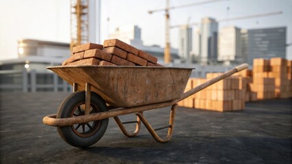 Poster - A medium closeup of an oldfashioned wheelbarrow filled with bricks emphasizing the simplicity and manual labor of early construction ods contrasted with todays machinery.