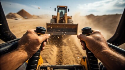 Fototapete - A medium closeup of an operators hands gripping the control levers of a skid steer with dirt and debris flying around highlighting the precision required in maneuvering the