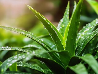 Aufkleber - Closeup of Fresh Green Tropical Leaves with Dewdrops in a Sunlit Exotic Garden : Generative AI
