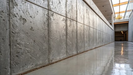 Poster - A medium closeup of an unfinished concrete wall where uneven textures create a sense of depth contrasted with the level sleek surface of polished concrete that accentuates its
