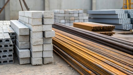 Poster - A medium closeup of a pile of construction materials like concrete blocks and steel beams showcasing the raw materials that signify investment and resource allocation in the