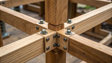 Poster - A medium closeup of a partially assembled wooden structure focusing on the interlocking joints and connectors the rich texture of the raw wood contrasting against the precision of