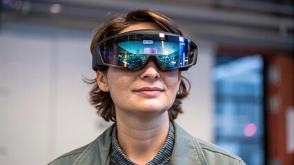 Poster - A medium closeup of a person wearing augmented reality glasses where the overlay of digital images interacts seamlessly with their environment. The persons expression blends wonder