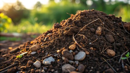 Poster - A medium closeup of a pile of freshly excavated earth showing varying textures and colors of the soil dotted with roots and small stones under the warm light of the afternoon sun.