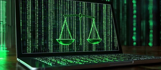 A laptop screen displaying the scales of justice made from green binary code, representing digital law and cyber intellectual property protection in an online platform for lawyer web design
